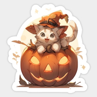 Kawaii cat witch on a halloween pumpkin Sticker